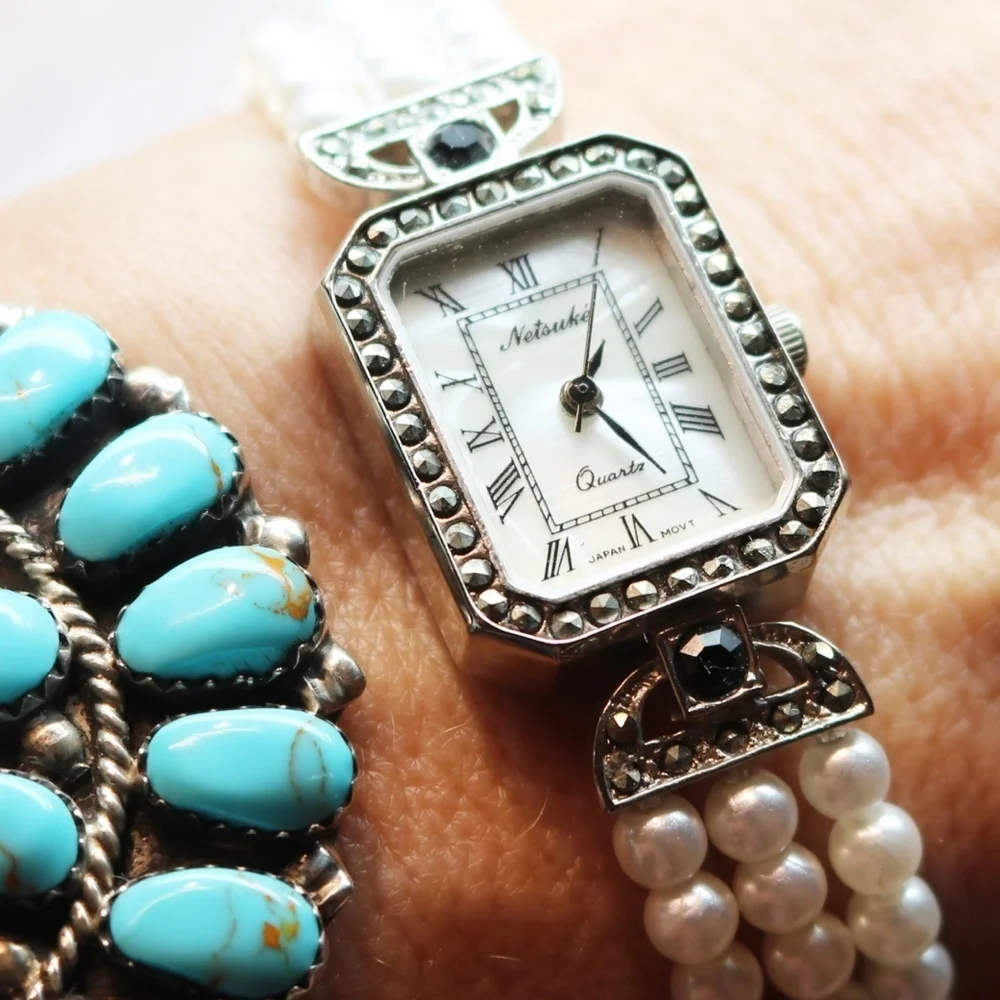 Elegant Vintage Netsuke Pearl & Marcasite Watch